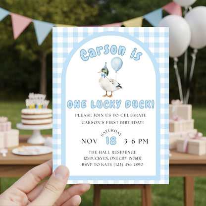 One Lucky Duck Birthday Invitation Boys First Birthday Invite Boys 1st Birthday Invite Mallard Duck Invite Gingham 1st Birthday Party Invite