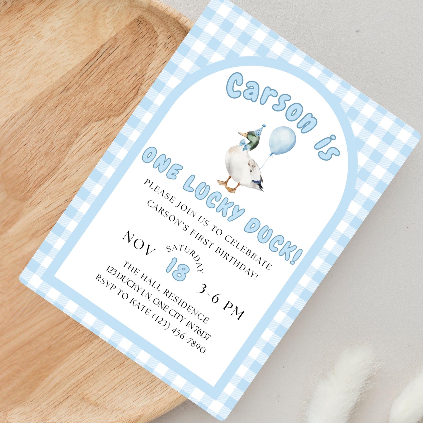 One Lucky Duck Birthday Invitation Boys First Birthday Invite Boys 1st Birthday Invite Mallard Duck Invite Gingham 1st Birthday Party Invite