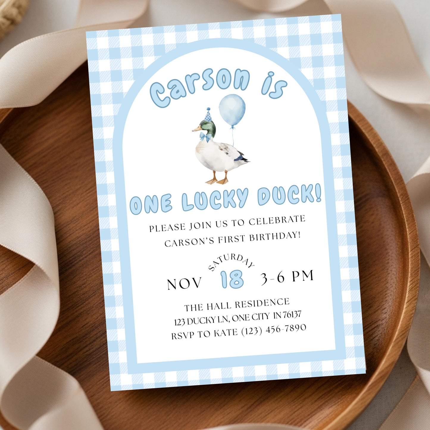 One Lucky Duck Birthday Invitation Boys First Birthday Invite Boys 1st Birthday Invite Mallard Duck Invite Gingham 1st Birthday Party Invite