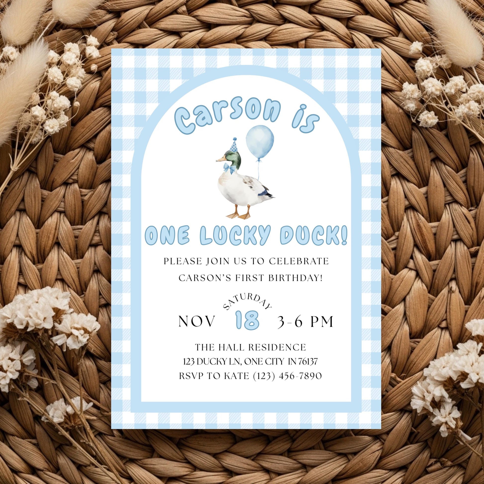One Lucky Duck Birthday Invitation Boys First Birthday Invite Boys 1st Birthday Invite Mallard Duck Invite Gingham 1st Birthday Party Invite