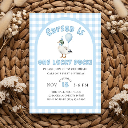 One Lucky Duck Birthday Invitation Boys First Birthday Invite Boys 1st Birthday Invite Mallard Duck Invite Gingham 1st Birthday Party Invite
