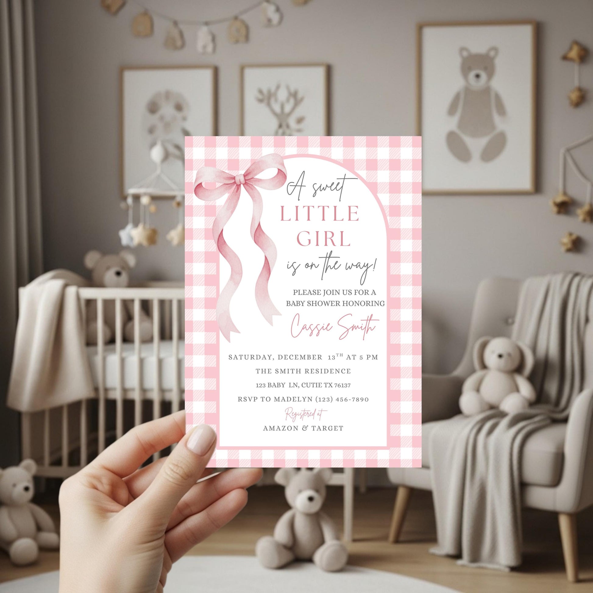Sweet Little Girl Baby Shower Invitation Girl Baby Shower Invite Pink Gingham Baby Shower Invitation Baby On The Way Baby Shower Invite