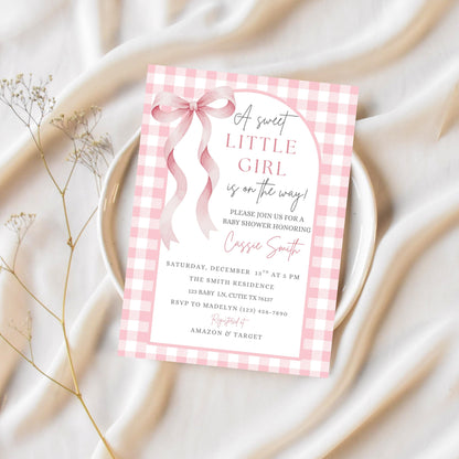 Sweet Little Girl Baby Shower Invitation Girl Baby Shower Invite Pink Gingham Baby Shower Invitation Baby On The Way Baby Shower Invite