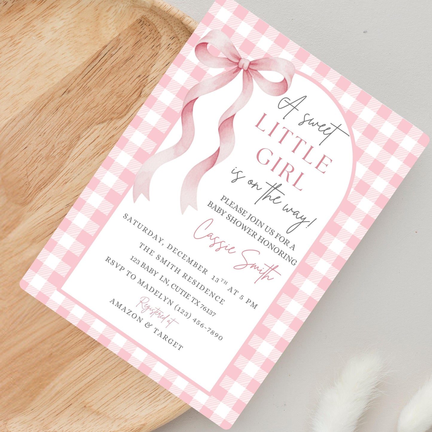 Sweet Little Girl Baby Shower Invitation Girl Baby Shower Invite Pink Gingham Baby Shower Invitation Baby On The Way Baby Shower Invite