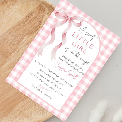 Sweet Little Girl Baby Shower Invitation Girl Baby Shower Invite Pink Gingham Baby Shower Invitation Baby On The Way Baby Shower Invite