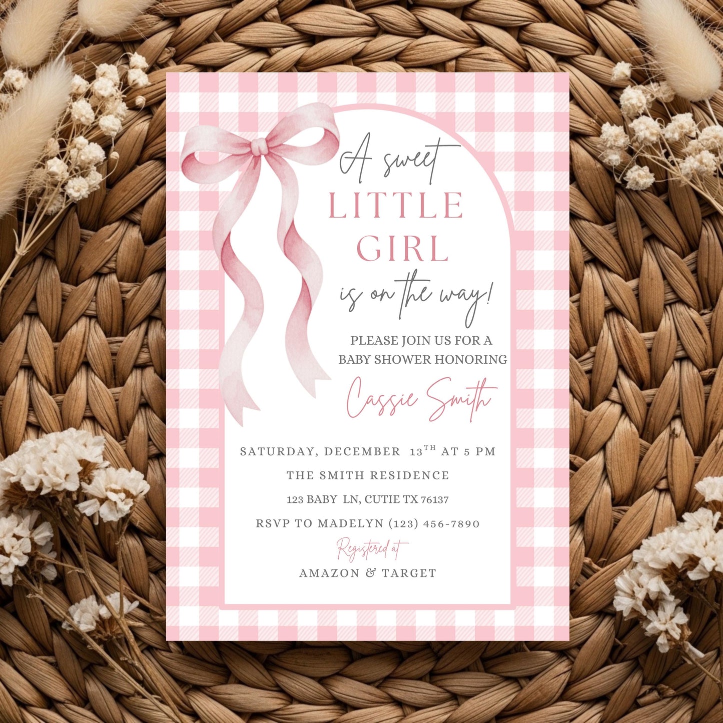 Sweet Little Girl Baby Shower Invitation Girl Baby Shower Invite Pink Gingham Baby Shower Invitation Baby On The Way Baby Shower Invite