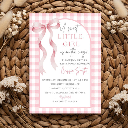 Sweet Little Girl Baby Shower Invitation Girl Baby Shower Invite Pink Gingham Baby Shower Invitation Baby On The Way Baby Shower Invite
