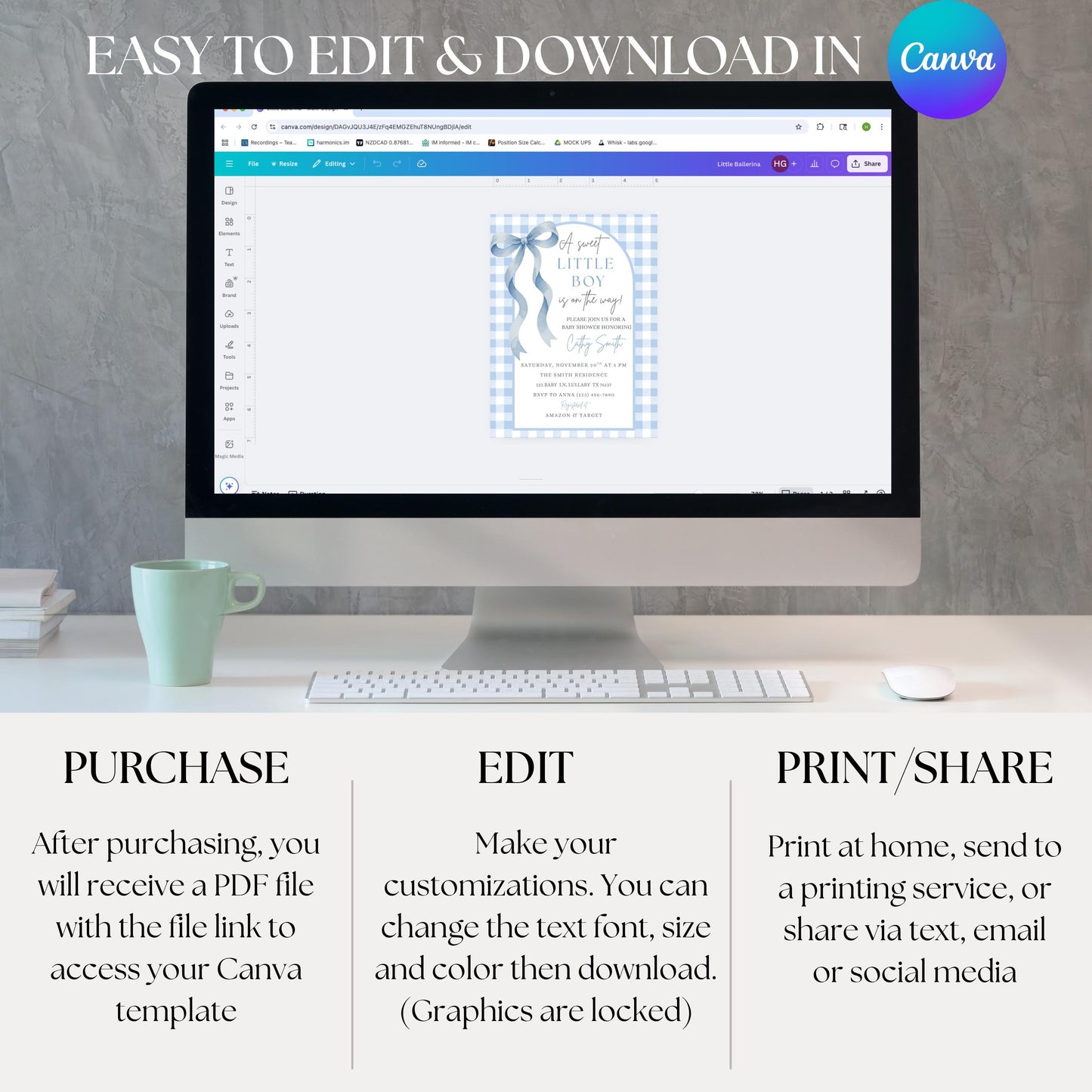 Sweet Little Boy Baby Shower Invitation Boy Baby Shower Invite Blue Gingham Baby Shower Invitation Baby On The Way Baby Shower Invite