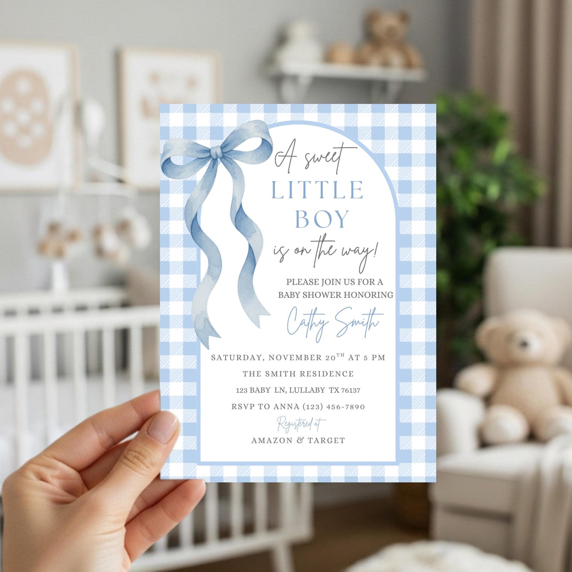 Sweet Little Boy Baby Shower Invitation Boy Baby Shower Invite Blue Gingham Baby Shower Invitation Baby On The Way Baby Shower Invite