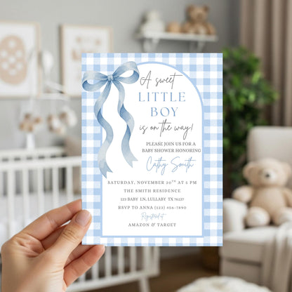 Sweet Little Boy Baby Shower Invitation Boy Baby Shower Invite Blue Gingham Baby Shower Invitation Baby On The Way Baby Shower Invite