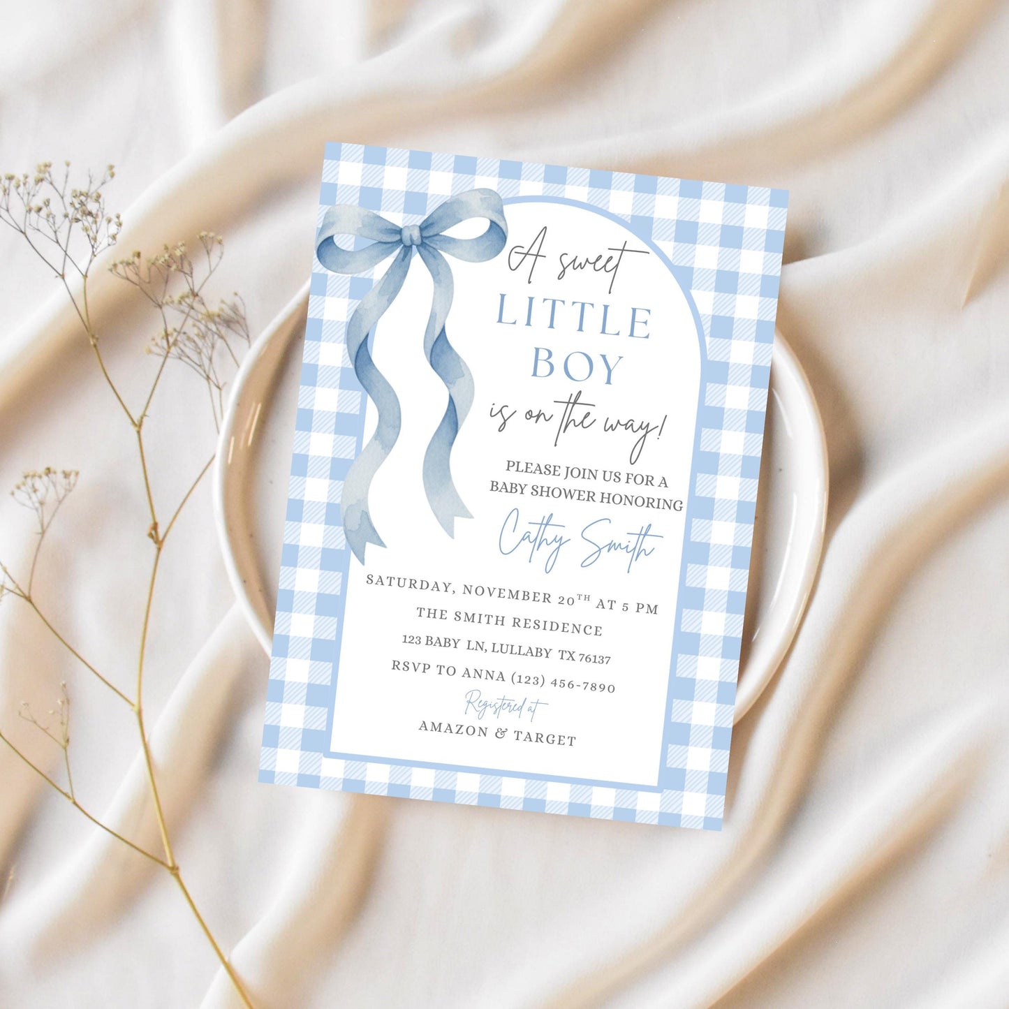 Sweet Little Boy Baby Shower Invitation Boy Baby Shower Invite Blue Gingham Baby Shower Invitation Baby On The Way Baby Shower Invite