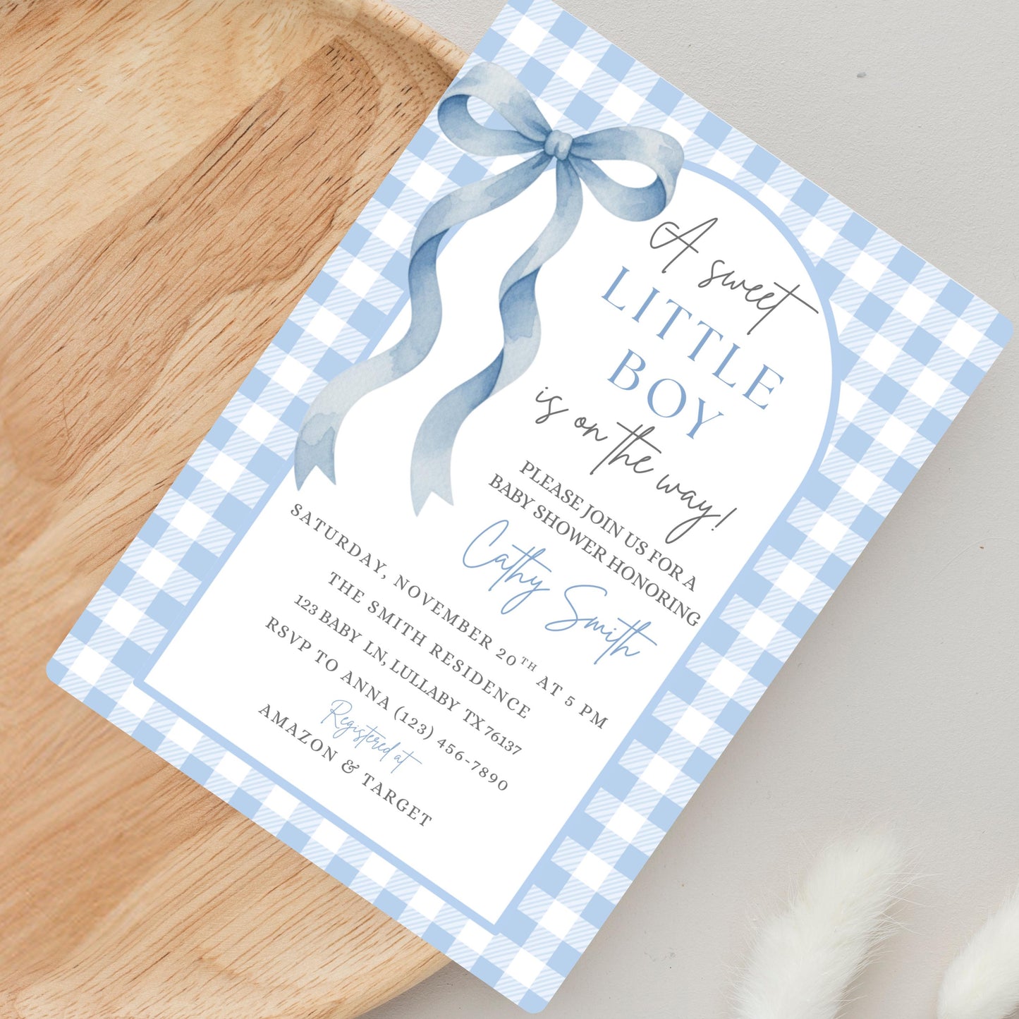 Sweet Little Boy Baby Shower Invitation Boy Baby Shower Invite Blue Gingham Baby Shower Invitation Baby On The Way Baby Shower Invite