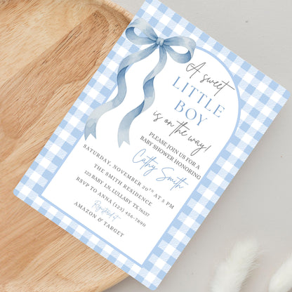 Sweet Little Boy Baby Shower Invitation Boy Baby Shower Invite Blue Gingham Baby Shower Invitation Baby On The Way Baby Shower Invite